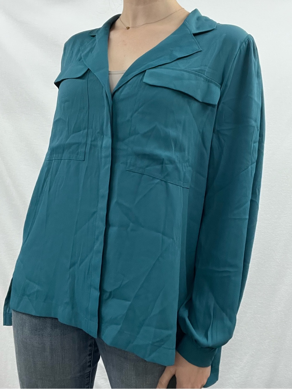 White House Black Market Teal Button-Front Long-Sleeve Blouse